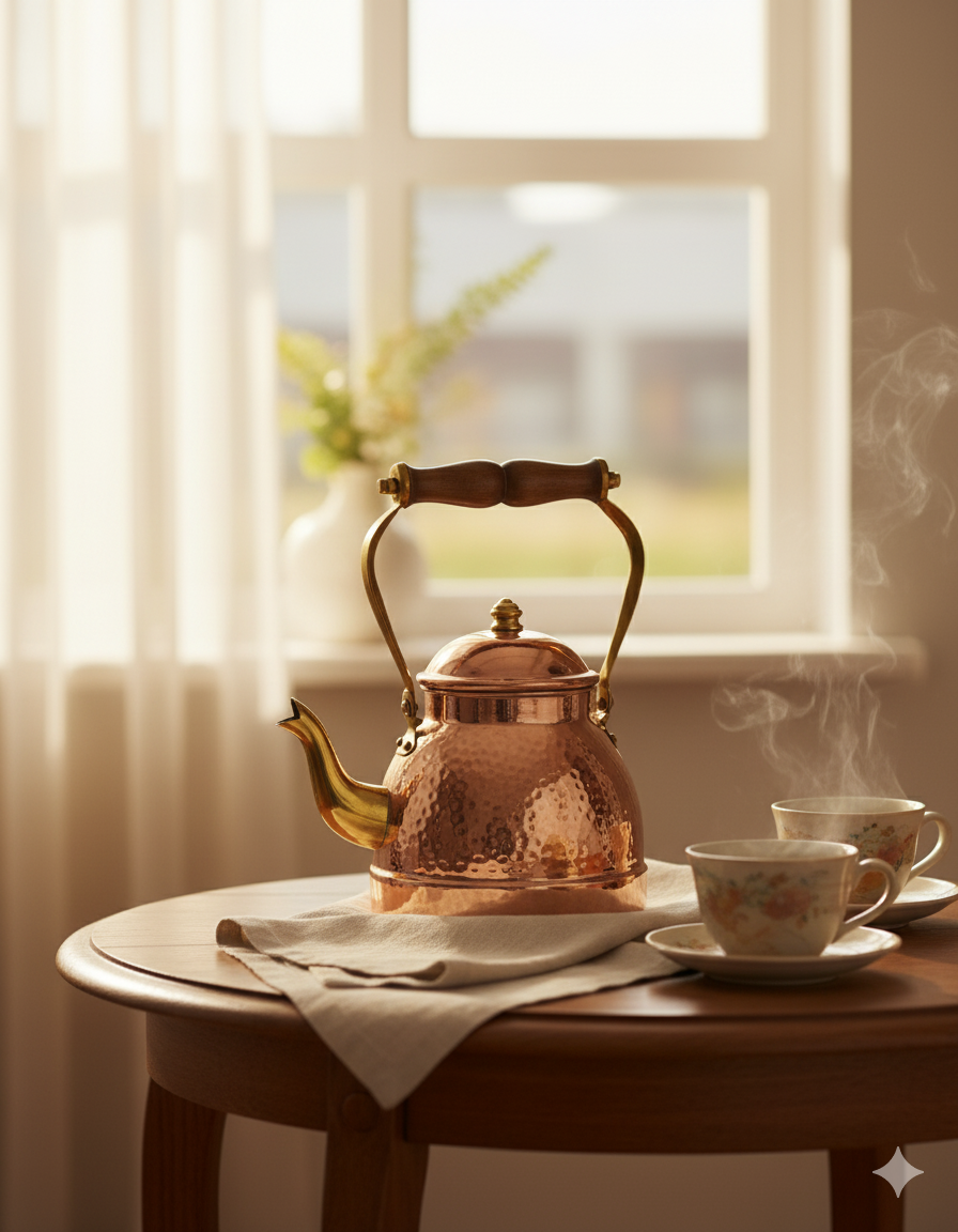 Copper Kettle - Hammered Finish with Brass Spout & Wooden Handle - luxury handcrafted Copper piece from Viviana London